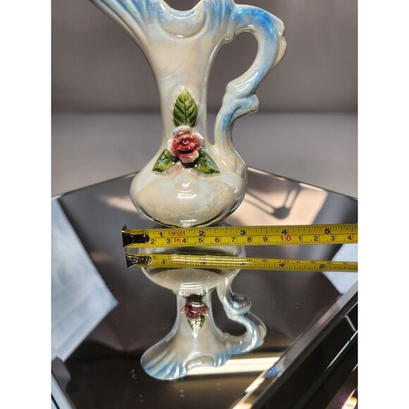 Vintage Lusterware Pitcher Blue & White Pearlescent Iridescent Beautiful Rose - Picture 7 of 7